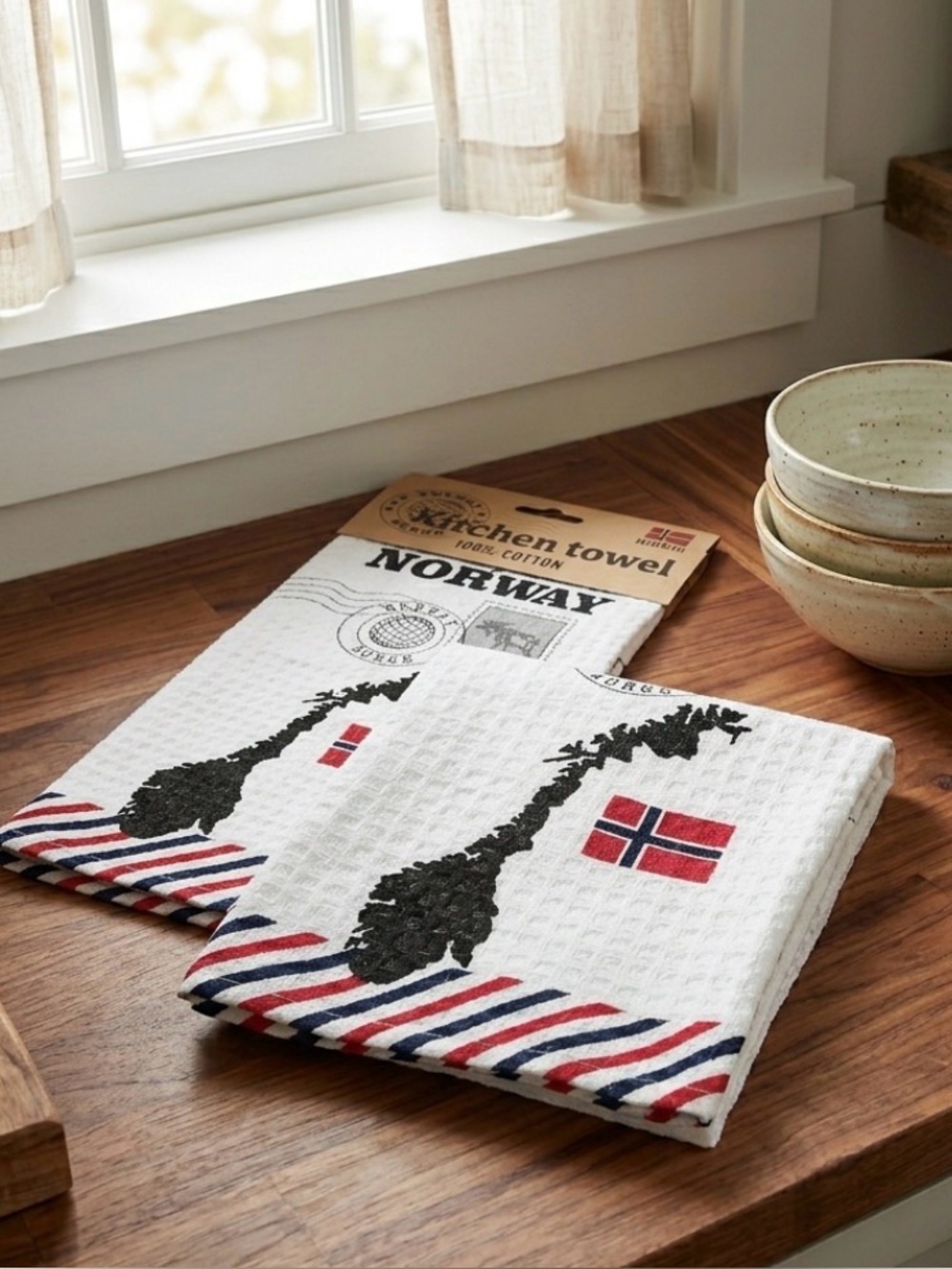 Way Nor Norway Souvenir Kitchen Towel NWT - 100% Cotton Waffle Weave